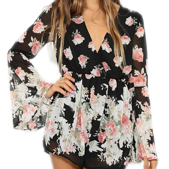 2/$30 PERSUN Floral Black Summer Romper Whimsigoth, Fairycore,Cottage(#387) - Picture 1 of 11